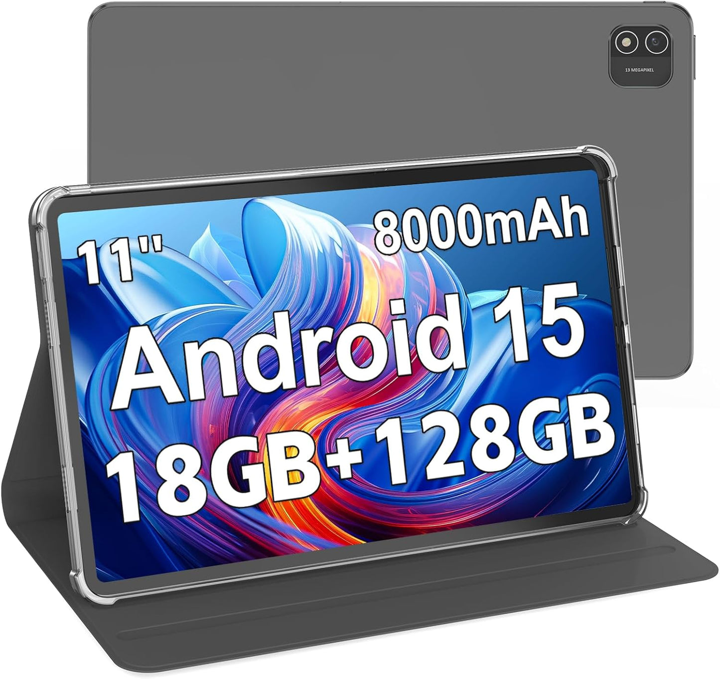 Android Tablet 11 inch, android 15 tablet with 18GB RAM 128GB ROM 1TB Expansion, Octa-Core, 8000 mAh, 1920x1200 Incell Screen, 5MP+8MP, 2.4G/5G Wifi, Support GMS GPS Face Unlock, Tablet PC with case