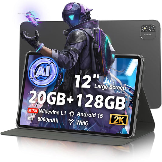 Android 15 Tablet 12 inch, AI Tablet with 2000 × 1200 Display, Octa-Core Up to 2.0GHZ, Tablets Computer with 20GB RAM & 128GB RAM 1TB Expand, 8000 mAh & 20 PD Charger, WiFi 6, BT5.0, Support GMS