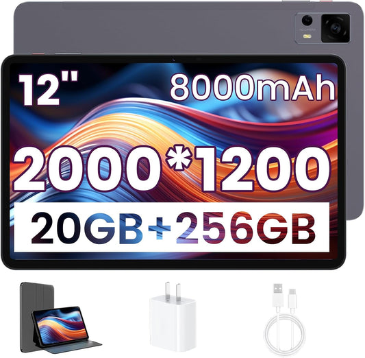 Android Tablet, 12 Inch Tablet with 2K IPS Display & Case, Octa-Core up to 2 GHz, 20GB RAM 256GB ROM 1TB Expand, 8000mAh, 20W Fast Charger, Dual-Band WiFi, Support GPS Face Unlock Widevine L1