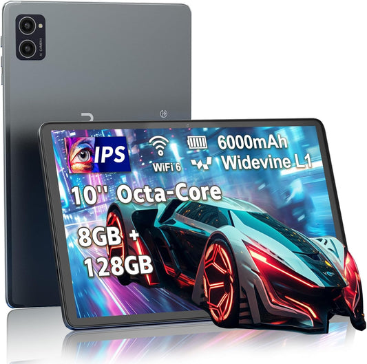 10 Inch Tablet, Octa-Core, Android Tablets Support WiFi 6 & Widevine L1 & GMS, 8GB+128GB 1TB Expand, Mini Tablet with 1280 x 800 IPS HD Touchscreen, 6000mAh Battery