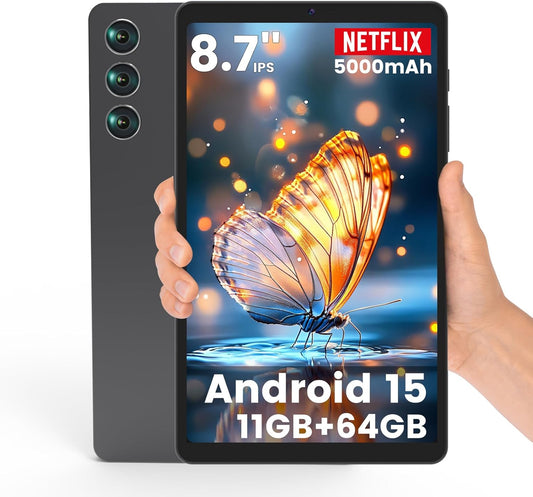 Android 15 Tablet 8.7 inch, Mini Tablet 5000mAh, Wi-Fi 6 & BT5.0, 11GB RAM & 64GB ROM 1TB Expandable, Tablet Computer with IPS HD Display, Support GPS, GMS, Widevine L1