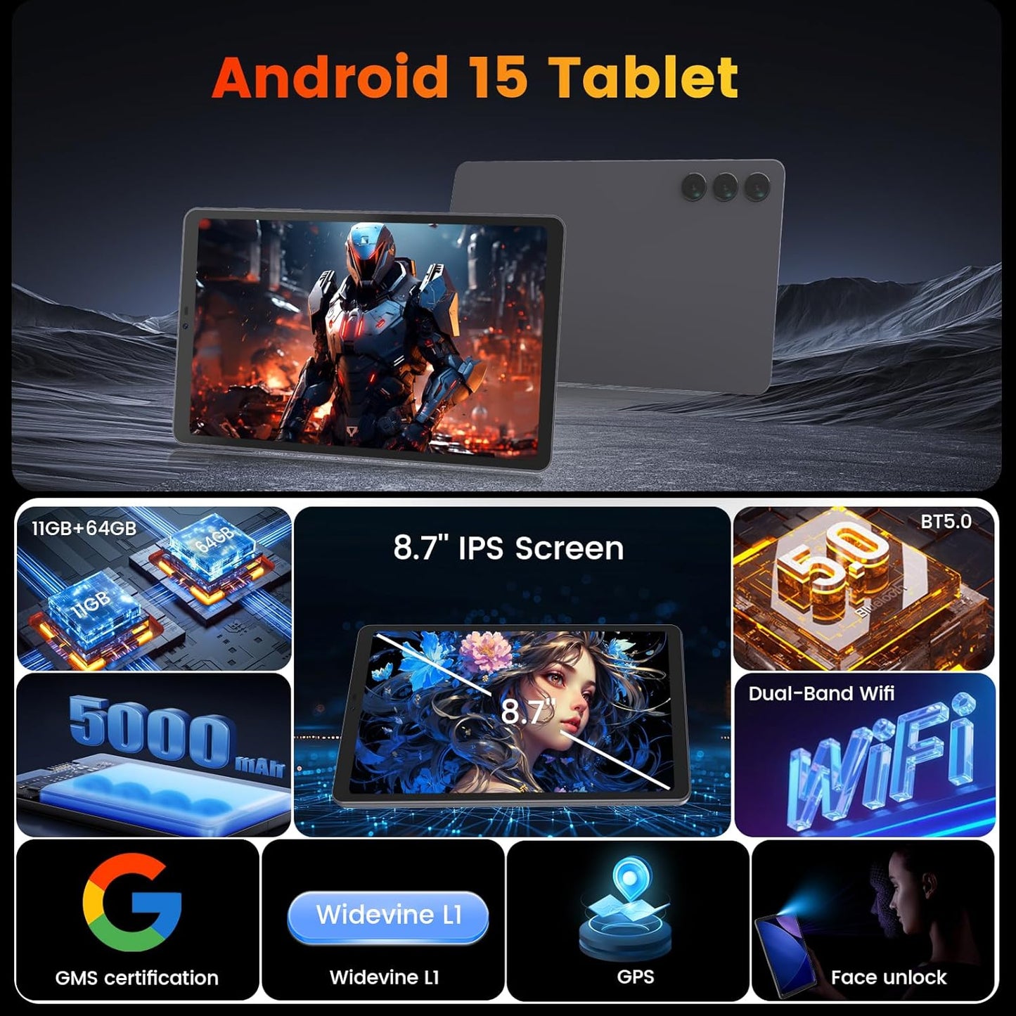 Android 15 Tablet 8.7 inch, Mini Tablet 5000mAh, Wi-Fi 6 & BT5.0, 11GB RAM & 64GB ROM 1TB Expandable, Tablet Computer with IPS HD Display, Support GPS, GMS, Widevine L1