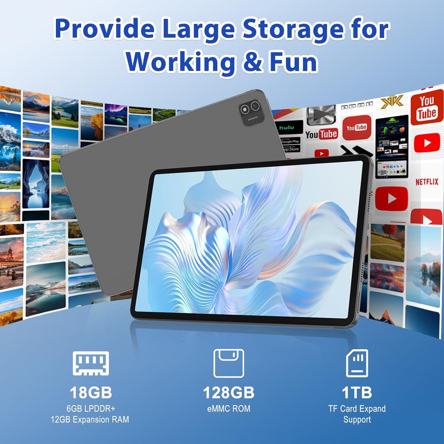 Android Tablet 11 inch, android 15 tablet with 18GB RAM 128GB ROM 1TB Expansion, Octa-Core, 8000 mAh, 1920x1200 Incell Screen, 5MP+8MP, 2.4G/5G Wifi, Support GMS GPS Face Unlock, Tablet PC with case