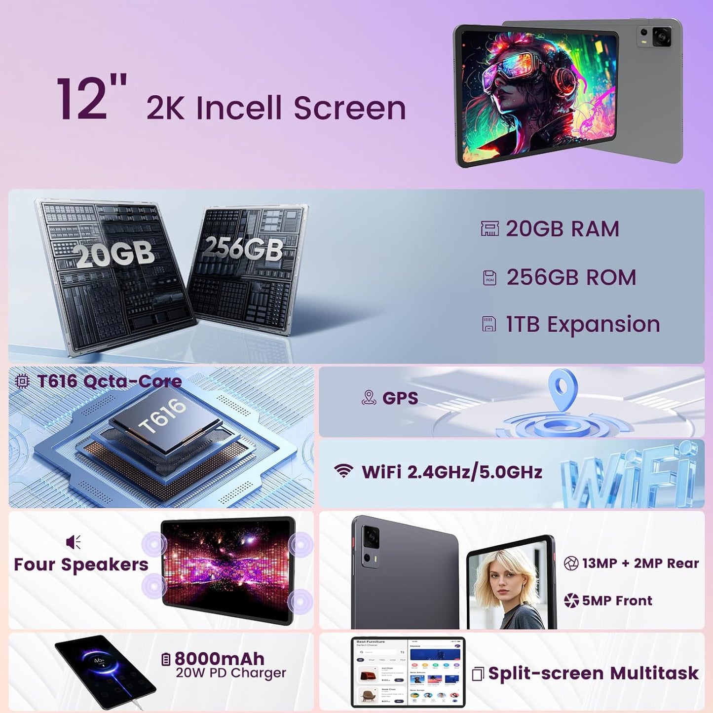 Android Tablet, 12 Inch Tablet with 2K IPS Display & Case, Octa-Core up to 2 GHz, 20GB RAM 256GB ROM 1TB Expand, 8000mAh, 20W Fast Charger, Dual-Band WiFi, Support GPS Face Unlock Widevine L1