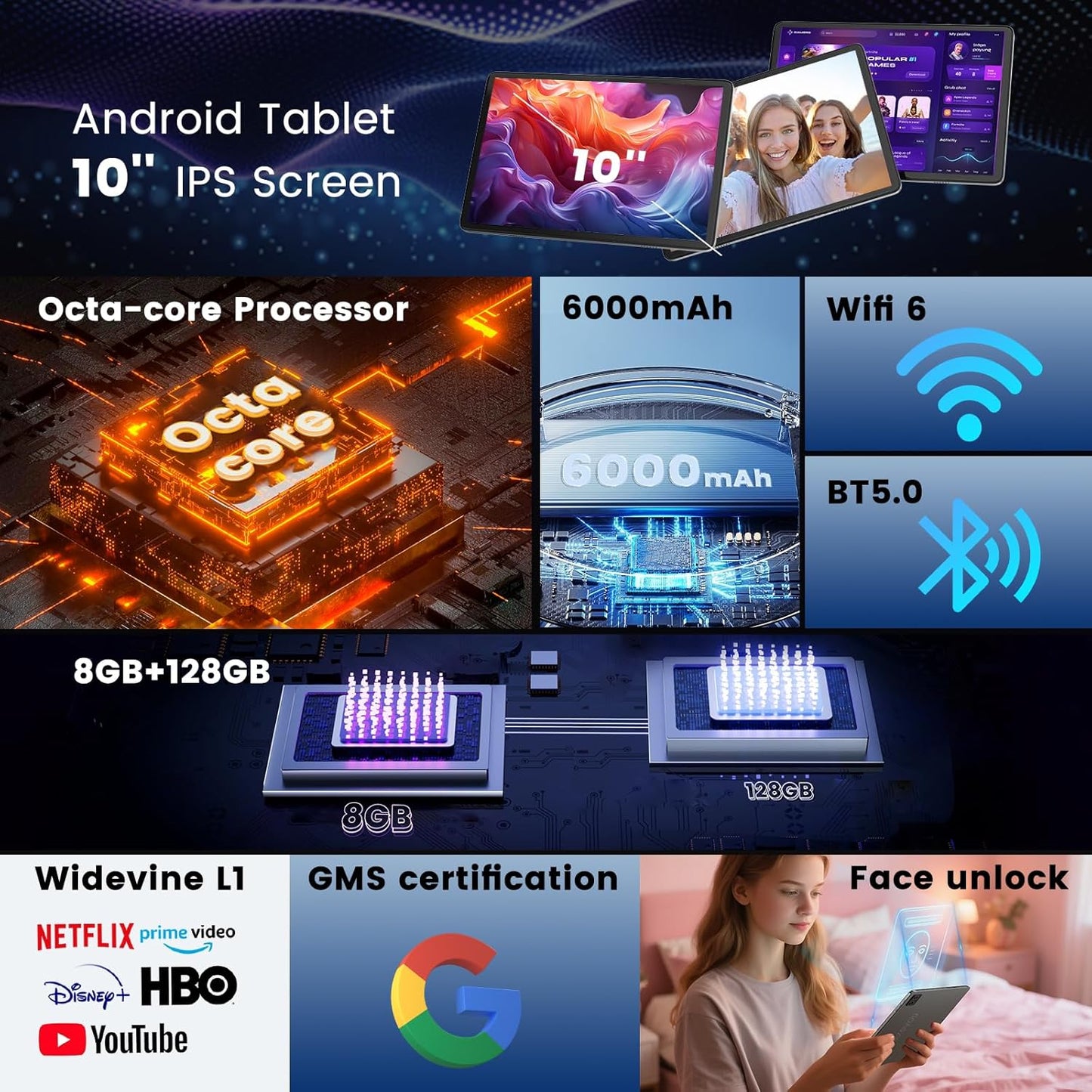 10 Inch Tablet, Octa-Core, Android Tablets Support WiFi 6 & Widevine L1 & GMS, 8GB+128GB 1TB Expand, Mini Tablet with 1280 x 800 IPS HD Touchscreen, 6000mAh Battery